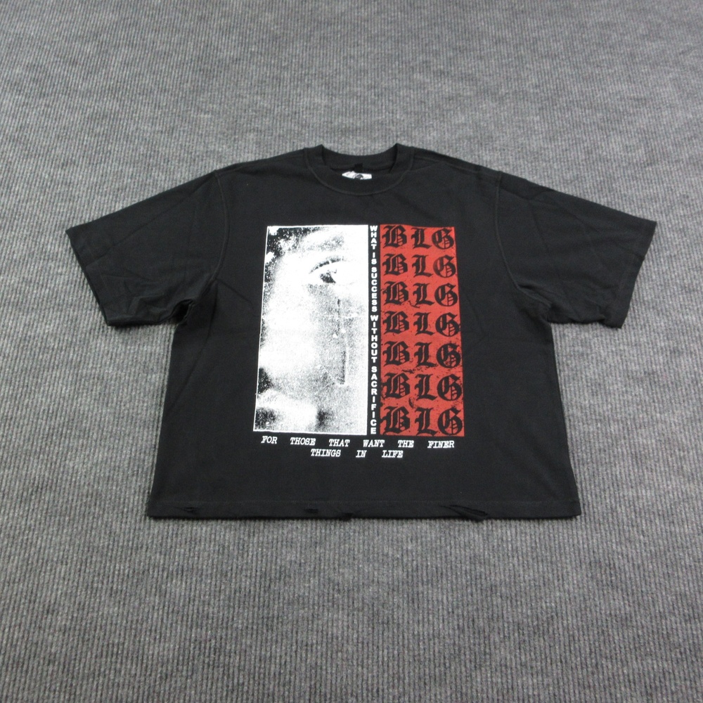 Better Living Garments Shirt Mens L Black Graphic Crew Neck BLG Print NWOT